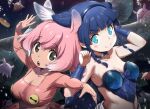  &gt;:) 2girls air_bubble animal arms_up blue_bow blue_bowtie blue_eyes blue_hair blunt_bangs bow bowtie bracer braid braided_sidelock breasts bubble cephalopod cleavage closed_mouth coelacanth coelacanth_(kemono_friends) collar collarbone creature_and_personification cropped_shirt dark_blue_hair fingernails fins fish food freediving green_eyes head_fins ito_yoki japanese_pancake_devilfish_(kemono_friends) kemono_friends kemono_friends_3 long_hair long_sleeves looking_at_viewer medium_breasts medium_hair midriff multicolored_hair multiple_girls open_mouth pancake pink_hair pink_shirt shirt side-by-side side_braid smile square_neckline stomach strapless submerged tan twin_braids two-tone_hair underwater upper_body v-shaped_eyebrows very_long_hair 