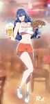  1girl alcohol alternate_costume artist_logo bare_legs beer beer_mug blue_eyes blue_hair blurry blurry_background breasts chicken_(food) chicken_leg commission crop_top cup fire_emblem fire_emblem_awakening fire_emblem_heroes foam food full_body grin hairband highres holding holding_cup holding_food holding_tray hooters long_hair looking_at_viewer lucina_(fire_emblem) midriff mug navel orange_shorts parted_lips pixiv_commission r3dfive red_lips shoes short_shorts shorts small_breasts smile sneakers solo stomach tank_top thighs tiara tray very_long_hair waitress wavy_hair white_footwear white_tank_top 