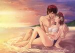  1boy 1girl absurdres amamiya_ren beach bikini breasts brown_hair cloud commission head_wreath hetero highres hill jewelry looking_at_another nfoliage niijima_makoto ocean persona persona_5 ring sand short_hair smile sunset swimsuit wedding_ring white_bikini 