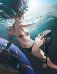  1girl armlet back bare_shoulders bikini black_hair breasts detached_sleeves earrings fajyobore fate/grand_order fate_(series) floating gem gold_trim heavenly_boat_maanna highres hoop_earrings ishtar_(fate) jewelry long_hair medium_breasts mismatched_bikini neck_ring single_detached_sleeve single_thighhigh solo swimsuit thighhighs thighlet thighs weapon 
