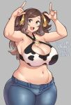  1girl agawa_ryou animal_print armpit_crease armpits big_belly breasts brown_eyes brown_hair cleavage cleavage_cutout clothing_cutout commentary cow_print denim english_commentary hair_ribbon horns_pose huge_breasts jeans looking_at_viewer navel o-ring o-ring_top open_mouth original pants plump ribbon solo teeth thick_thighs thighs two_side_up upper_teeth_only 
