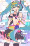  ! !! +++ 1girl ? ?? absurdres aqua_eyes aqua_hair aqua_nails bare_arms black_necktie black_scrunchie black_skirt black_thighhighs colorful cowboy_shot emoji grid_background hair_ornament hands_up hatsune_miku heart highres holding_own_hair light_blush lips looking_at_viewer miniskirt multicolored_shirt necktie open_mouth pleated_skirt sakuhana87 scrunchie shirt skirt sleeveless sleeveless_shirt smile smiley_face solo speech_bubble speech_bubble_hair_ornament standing tell_your_world_(vocaloid) thighhighs virtual_reality vocaloid 