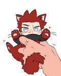  1boy animal_ears blue_eyes blush boku_no_hero_academia cat_boy cat_ears cat_tail chibi dokonodoitsuya endeavor_(boku_no_hero_academia) facial_hair kemonomimi_mode looking_at_viewer lying male_focus motion_lines no_scar on_back paw_pose pov_adoring red_fur solo_focus spiked_hair stubble tail 