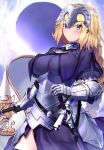  1girl absurdres armor armored_dress blonde_hair blue_eyes blue_sky blush braid braided_ponytail breasts chain closed_mouth commentary_request fate/apocrypha fate_(series) faulds flag gauntlets headpiece highres holding holding_flag jeanne_d&#039;arc_(fate) jeanne_d&#039;arc_(ruler)_(fate) large_breasts long_braid long_hair looking_at_viewer ninoude_(ninoude44) plackart sheath sheathed single_braid sky smile solo sword vambraces very_long_hair weapon 