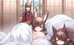  4girls absurdres akagi-chan_(azur_lane) amagi-chan_(azur_lane) amagi_(azur_lane) animal_ears azur_lane bare_shoulders bell black_kimono blush brown_hair dated_commentary day english_commentary eyeshadow facing_viewer fox_ears fox_girl fox_tail hair_bell hair_between_eyes hair_ornament hair_over_one_eye hairclip hand_on_own_cheek hand_on_own_face highres indoors japanese_clothes kaga_(azur_lane) kimono kimono_pull kitsune long_hair looking_at_another lying lying_on_person makeup medium_hair mixed-language_commentary multiple_girls multiple_tails on_stomach purple_eyes red_eyeshadow red_kimono samip sleeping sleeping_on_person slit_pupils smug tail teeth upper_teeth_only very_long_hair white_hair white_kimono 