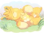  closed_eyes closed_mouth commentary_request evolutionary_line grass lying niji_(shihio) no_humans pawmi pawmo pawmot pokemon pokemon_(creature) sleeping smile u_u 