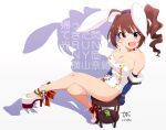 1girl ahoge animal_ears arm_support bare_legs bare_shoulders blue_gloves bow breasts brown_hair bunny_day buttons choker chupacabra_(idolmaster) cleavage commentary_request crossed_legs drill_hair elbow_gloves fake_animal_ears footwear_bow gloves idolmaster idolmaster_million_live! lace-trimmed_leotard lace_trim legs leotard light_blush long_hair looking_at_viewer medium_breasts on_table open_mouth platform_footwear platform_heels purple_eyes rabbit_ears red_bow shadow side_ponytail sidelocks sitting smile solo table thighs tun white_background white_choker white_footwear white_leotard yokoyama_nao 