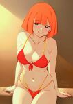  1girl arm_support artist_name bikini black_eyes bob_cut breasts cleavage closed_mouth cloudxmoe collarbone english_commentary groin highres large_breasts looking_at_viewer mcdonald&#039;s mother_(yoru_mac) navel orange_hair red_bikini short_hair sitting smile solo stomach swimsuit yoru_mac 