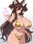  1girl animal_ears bare_shoulders bikini black_hair blush breasts brown_hair cleavage closed_eyes collarbone cowboy_shot curvy draph galleon_(granblue_fantasy) gradient_background granblue_fantasy grey_background groin heart highres horns huge_breasts lancer24 looking_at_viewer micro_bikini navel simple_background skindentation solo standing stomach string_bikini swimsuit white_background yellow_bikini 