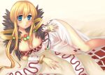 1girl argyle argyle_dress bangle belt blonde_hair blue_eyes blush bracelet breasts cleavage commentary_request detached_sleeves dress expressionless feet_out_of_frame fur_collar hair_between_eyes jewelry large_breasts long_hair looking_at_viewer lying medium_bangs on_side open_mouth purple_belt ragnarok_online sidelocks solo sorcerer_(ragnarok_online) uzuki_kouta very_long_hair white_dress white_sleeves 