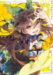  1girl arm_up bow brown_hair hair_between_eyes hair_bow highres long_hair looking_at_viewer open_mouth puffy_short_sleeves puffy_sleeves reiuji_utsuho short_sleeves touhou toutenkou wings yellow_background 