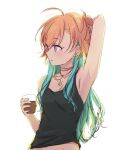  1girl 2_nostg ahoge aqua_hair arm_behind_head armpits black_shirt breasts coffee cup hair_between_eyes highres holding holding_cup idolmaster idolmaster_cinderella_girls light_blush light_brown_hair long_hair looking_afar messy_hair multicolored_hair ninomiya_asuka parted_lips purple_eyes shirt sidelocks small_breasts solo tank_top two-tone_hair upper_body white_background 