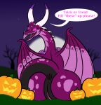  anus ben_10 big_butt butt cartoon_network charmcaster detailed_background dragon english_text female feral food fruit genitals halloween hi_res holidays jack-o&#039;-lantern looking_at_viewer looking_back membrane_(anatomy) membranous_wings outside plant pumpkin purple_body pussy scalie sharkinwaves solo text wings 