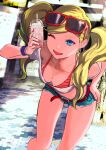  1girl ;d absurdres belt bikini blonde_hair blue_eyes breasts drink earrings eyewear_on_head hand_on_own_hip highres jewelry leaning_forward long_hair looking_at_viewer midriff necklace one_eye_closed persona persona_5 pink_nails shorts smile solo sunglasses swimsuit takamaki_anne twintails wristband yuu_(primenumber7) 