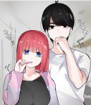  1boy 1girl antenna_hair black_eyes black_hair black_shirt blue_eyes blunt_bangs blurry blurry_background breasts brushing_teeth casual commentary couple eyebrows_hidden_by_hair go-toubun_no_hanayome hair_down hand_up head_tilt hetero highres holding holding_brush indoors large_breasts light_blush looking_at_viewer mame1645 medium_hair motion_lines nakano_nino no_hair_ornament pink_hair shirt short_hair short_sleeves sleeves_past_wrists sound_effects straight-on straight_hair uesugi_fuutarou upper_body white_shirt 