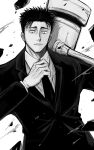  1boy adjusting_clothes adjusting_necktie amico173 closed_mouth collared_shirt debris formal greyscale hammer hand_up highres higuruma_hiromi jacket jujutsu_kaisen long_sleeves looking_down male_focus monochrome necktie shirt short_hair solo suit 