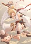  1girl andira_(granblue_fantasy) animal_ears antenna_hair arm_up barefoot beruu blonde_hair breasts cleavage detached_pants detached_sleeves granblue_fantasy hagoromo hairband highres holding holding_staff looking_at_viewer monkey monkey_ears monkey_girl monkey_tail open_mouth outstretched_arm red_eyes sash shawl short_hair small_breasts smile solo staff tail two_side_up wide_sleeves 