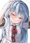  1girl absurdres blue_hair blush buttons center_frills collared_shirt frills hair_between_eyes highres hinanawi_tenshi long_hair maboroshi_mochi no_headwear open_mouth red_eyes shirt short_sleeves simple_background sleepy solo touhou upper_body white_background white_shirt 