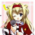  1girl 2020 :d alternate_costume asagi_nanami blonde_hair blue_eyes blush border capelet chitose_sana christmas commentary_request confetti dated_commentary double_bun eyebrows_hidden_by_hair eyelashes foreshortening fur-trimmed_capelet fur_trim hair_between_eyes hair_bun hair_intakes hair_ornament hairband hand_up happy highres holding_party_popper long_hair long_sleeves one_eye_closed open_mouth party_popper pink_background pom_pom_(clothes) red_hairband ribbon-trimmed_sleeves ribbon_trim santa_capelet santa_costume smile solo star_(symbol) star_hair_ornament straight-on tenshinranman two_side_up upper_body white_border white_fur 