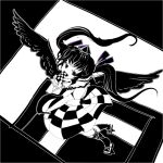  1girl cellphone checkered_clothes checkered_skirt collared_shirt from51572962 full_body geta greyscale hat high_contrast himekaidou_hatate holding holding_phone long_hair looking_at_viewer monochrome phone shirt skirt socks solo tengu-geta tokin_hat touhou twintails two-tone_background wings 