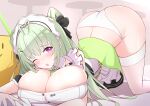  1girl absurdres arm_strap ass black_skirt breasts fallen_down fuyu_(fnma5242) goddess_of_victory:_nikke green_hair hair_bun highres indoors large_breasts long_hair looking_at_viewer maid maid_headdress mole mole_on_breast on_floor open_mouth panties pouch purple_eyes single_hair_bun skindentation skirt sleeveless smile soda_(nikke) thighhighs thighs top-down_bottom-up underwear white_headwear white_panties white_thighhighs zettai_ryouiki 