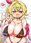  1girl :d ahoge bikini black_bikini blonde_hair blush breasts collarbone fellatio_gesture hair_ornament hair_ribbon hairclip heart heterochromia highleg highleg_panties hoshikawa_sara huge_breasts jacket kanikama meme multicolored_hair navel nijihub_(meme) nijisanji off_shoulder open_clothes open_jacket panties pornhub red_eyes ribbon side_ponytail smile solo spoken_heart streaked_hair sweat swimsuit underwear yellow_eyes 