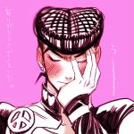  1boy blush diamond_wa_kudakenai facepalm gakuran hand_to_own_face heart-shaped_ornament higashikata_josuke jojo_no_kimyou_na_bouken male_focus merumeru626 monochrome peace_symbol pompadour school_uniform solo 