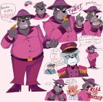  2023 anthro bear bottomwear capitan_hocicos clothing comandante_fluffy coronel_otto dialogue eating english_text fan_character food group hat headgear headwear hi_res male mammal overweight overweight_male pants sargento_caricias scar shirt sketchyvillain solo text topwear unicorn_wars 