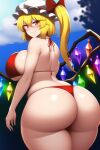  1girl ai-generated ass backboob bikini blonde_hair blush bow breasts curvy flandre_scarlet huge_ass huge_breasts looking_at_viewer non-web_source ponytail red_bikini red_eyes shortstack stable_diffusion swimsuit thick_thighs thighs touhou white_headwear wide_hips 