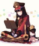  1girl black_headwear cape family_crest fate/grand_order fate_(series) gloves hat long_hair long_sleeves military military_uniform oda_nobunaga_(fate) oda_uri peaked_cap red_cape sign simple_background sitting solo uniform white_gloves yzrh0 