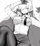  1girl animal_ears blue_archive breasts closed_mouth gloves greyscale hair_over_one_eye highres jacket jacket_on_shoulders kanna_(blue_archive) large_breasts long_hair looking_at_viewer monochrome necktie panties pantyhose pencil_skirt shirt simple_background skirt solo tsuno_(tnngur) underwear undone_necktie 