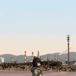  1girl absurdres black_eyes black_hair blue_sky brown_gloves brown_jacket day factory gloves gradient_sky highres jacket mountain original scenery short_hair sidelocks sky steam uniunimikan upper_body 