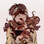  1girl animification black_shirt blood blood_on_clothes blood_on_hands brown_dress brown_hair collarbone dead_by_daylight die_(kurosb) dress facing_viewer frilled_shirt frills grey_background head_tilt highres long_hair parted_lips shirt solo the_nurse_(dead_by_daylight) 
