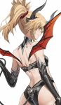  1girl ass back bare_shoulders blonde_hair braid breasts demon_horns demon_tail demon_wings fate/apocrypha fate_(series) french_braid green_eyes highres horns long_hair looking_at_viewer looking_back mordred_(fate) mordred_(fate/apocrypha) parted_bangs ponytail sidelocks small_breasts smile solo tail tonee wings 