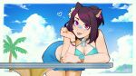  1girl animal_ears ascari_megane_(aurahack) aurahack bandaid bandaid_on_face bandaid_on_nose bent_over bikini blue_bikini breasts brown_hair cat_ears cleavage heterochromia highres looking_at_viewer medium_breasts mole mole_on_arm mole_on_breast mole_under_eye multiple_moles original purple_eyes red_eyes short_hair swimsuit watch wristwatch 