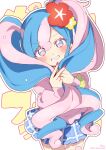  1girl absurdres blue_eyes blue_hair blue_skirt blush fairy_miku_(project_voltage) flower hair_flower hair_ornament hands_up hatsune_miku highres holding_own_hair long_sleeves looking_at_viewer multicolored_hair nail_polish outline pink_eyes pink_hair pink_shirt pleated_skirt pokemon project_voltage puffy_long_sleeves puffy_sleeves purple_nails red_flower shirt signature simple_background skirt sleeves_past_wrists smile sofra solo text_background thigh_gap twintails twitter_username two-tone_hair v v-shaped_eyebrows vocaloid white_background white_outline yellow_flower 