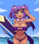  1girl absurdres adjusting_eyewear animal_ear_fluff bare_shoulders bikini blue_eyes breasts cleavage cowboy_shot curvy eyewear_on_head fur_collar highres large_breasts leaning_forward looking_at_viewer medium_hair multi-strapped_bikini ocean open_mouth original peps_art purple_hair scorpion_tail short_twintails sky smile solo strapless sunglasses surfboard swimsuit tail tan thigh_gap tube_top twintails twitter_username wide_hips wings 