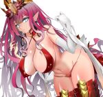  1girl absurdres bare_shoulders bikini breasts cleavage cosplay covered_nipples criss-cross_halter crown fairy_knight_tristan_(fate) fate/grand_order fate_(series) gloves halterneck hands_in_hair hands_up highres large_breasts long_hair navel nero_claudius_(fate) pink_hair pointy_ears queen_draco_(fate) queen_draco_(fate)_(cosplay) red_bikini single_glove stomach swimsuit tail thighhighs white_eyes white_gloves yahoo0124 