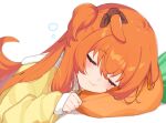  1girl animal_ears blush brown_ribbon closed_eyes closed_mouth ear_ribbon horse_ears horse_girl horse_tail inuyama_nanami long_hair long_sleeves lying mayano_top_gun_(umamusume) on_stomach orange_hair pajamas pillow ribbon sleep_bubble sleeping sleeves_past_wrists solo tail two_side_up umamusume upper_body 