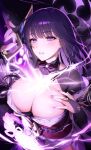  1girl absurdres botte breasts electricity genshin_impact hand_on_own_chest highres japanese_clothes kimono large_breasts looking_at_viewer nail_polish purple_eyes purple_hair purple_kimono purple_nails raiden_shogun sword_between_breasts 