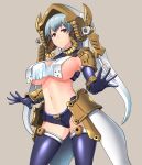  1girl areola_slip armor bangs blue_hair breast_curtains breasts closed_mouth dark_advent elbow_gloves gloves grey_background helmet horns large_breasts looking_at_viewer purple_gloves rania_(dark_advent) red_eyes shoulder_armor simple_background solo stomach thighhighs tsukinami_kousuke 