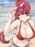  1girl :d bangs bare_shoulders bikini blush breasts caruta cleavage collarbone cowboy_shot day earrings eyewear_on_head grin heart heart-shaped_eyewear heart_earrings heterochromia highres hololive houshou_marine jewelry large_breasts long_hair looking_at_viewer navel necklace outdoors parted_lips pink_eyes ponytail purple-tinted_eyewear red_bikini red_hair signature smile solo swimsuit tinted_eyewear very_long_hair virtual_youtuber water yellow_eyes 