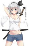  1girl alternate_costume arm_behind_back arm_behind_head black_hairband blue_eyes blue_shorts blush breasts cleavage closed_mouth commentary_request cowboy_shot dated ghost grey_hair groin hairband highres konpaku_youmu konpaku_youmu_(ghost) looking_at_viewer medium_breasts multiple_swords navel shirt short_hair shorts simple_background solo sword sword_behind_back touhou weapon white_background white_shirt youmu-kun 