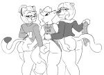  2023 age_difference anthro anthro_on_anthro bare_shoulders bedroom_eyes big_breasts big_butt big_eyes big_nose biped bottomless bottomless_anthro bottomless_female breasts butt butt_grab canid canine cheek_tuft cleavage closed_smile clothed clothing clothing_lift cougar countershade_snout countershading counting_cougar curled_hair curled_tail curved_eyebrows dark_ears digital_drawing_(artwork) digital_media_(artwork) dipstick_ears dipstick_tail ear_size_difference english_text extended_arms eye_through_hair eyebrow_through_hair eyebrows eyelashes eyelashes_through_hair eyelids eyewear facial_tuft fan_character felid feline female fingers fox fur fur_tuft glasses group hair hair_bun hand_on_another&#039;s_butt hand_on_butt head_turned hi_res holding_clothing holding_object interspecies leg_tuft legs_together light_body light_fur light_hair lipstick looking_at_viewer looking_back looking_back_at_viewer makeup mallory_renard mammal markings mature_anthro mature_female monochrome mouth_closed multicolored_ears narrowed_eyes nickelodeon nose_size_difference older_female prick_ears pumala_mirabelle_(callmewritefag) rear_view seductive shirt shirt_lift short_hair smile smiling_at_viewer snout standing t-shirt t.u.f.f._puppy tail tail_markings text text_on_clothing text_on_shirt text_on_t-shirt text_on_topwear thick_thighs topwear translucent translucent_hair trio tuft white_text younger_female zinco 