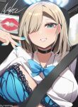  1girl absurdres asuna_(blue_archive) blonde_hair blue_archive blue_bra blue_nails bra breasts car_interior grin halo highres lace lace_bra large_breasts long_hair looking_at_viewer nearvel school_uniform shirt smile underwear white_shirt 