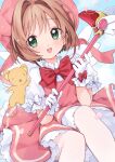  1girl absurdres blush bow brown_hair cardcaptor_sakura dress fuuin_no_tsue glove_bow gloves green_eyes highres kashuu_(pixiv_66328082) kero kinomoto_sakura open_mouth petals puffy_short_sleeves puffy_sleeves red_bow short_sleeves sitting smile solo white_gloves white_wings wings 