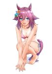  absurdres alternate_costume animal_ears bikini blue_eyes breasts cleavage collarbone flower hair_between_eyes hair_flower hair_ornament highres horse_ears horse_girl horse_tail looking_at_viewer medium_breasts medium_hair open_mouth oryou_gunsou own_hands_together pink_hair sakura_chiyono_o_(umamusume) simple_background sitting swimsuit tail tan tanlines umamusume white_background 