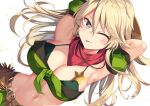 1girl ;p armpits arms_up bandeau bare_shoulders belt blonde_hair blue_eyes breasts brown_belt cleavage collarbone commentary_request cosplay cowboy_shot detached_sleeves dutch_angle fence front-tie_top green_bandeau green_skirt green_sleeves groin hair_between_eyes hat_on_back holster iowa_(kancolle) kantai_collection large_breasts light_particles long_hair looking_at_viewer midriff navel one_eye_closed outdoors puffy_detached_sleeves puffy_sleeves red_scarf scarf sheriff_badge sidelocks skirt solo standing star-shaped_pupils star_(symbol) symbol-shaped_pupils taiki_shuttle_(umamusume) taiki_shuttle_(umamusume)_(cosplay) tongue tongue_out umamusume wooden_fence yasume_yukito 