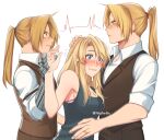  1girl 2boys aged_down aiphelix bare_shoulders blonde_hair blue_eyes blush breasts clone earrings edward_elric eye_contact face-to-face fullmetal_alchemist highres hug jewelry long_hair looking_at_another mechanical_arms medium_breasts multiple_boys ponytail prosthesis ring shirt simple_background single_mechanical_arm smile stud_earrings upper_body white_shirt winry_rockbell yellow_eyes 
