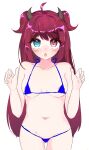  absurdres ahoge bare_shoulders bikini blue_bikini breasts heterochromia highres horns micro_bikini nijisanji open_mouth purple_hair revealing_clothes simple_background small_breasts standing string_bikini swimsuit tagme virtual_youtuber yuzuki_roa 